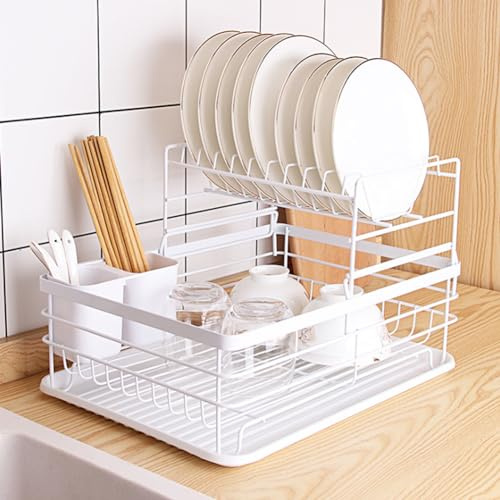 HaiYiZuhause Abtropfgestell für Geschirr, Platzsparendes, Küchenorganizer mit Besteckkasten, Geschirrabtropfständer für Spülbecken Organisation & Küchenzubehör, Weiß