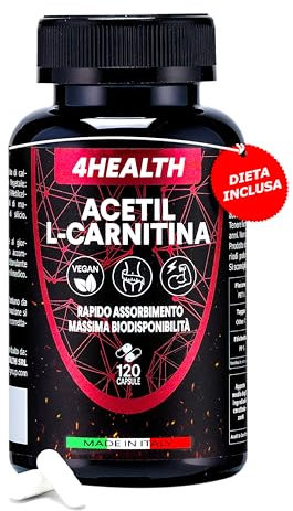 4HEALTH Acetil l Carnitina 120 Cps Vegetali (DIETA DIGITALE INCLUSA), Acetil Carnitina Ultra Pura 100%, Energizzante, Termogenico e Neuroprotettore -MADE IN ITALY E VEGAN-500mg