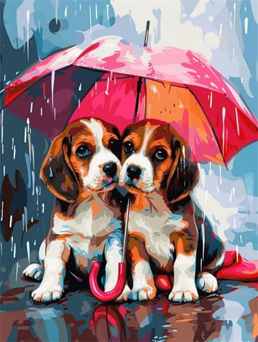 Malen Nach Zahlen Erwachsene Hund, DIY Malen Nach Zahlen Regenzeit Ölgemälde Leinwand Kit für Anfänger, Mit 3-Pinseln und Acrylfarbe, für Home Wanddeko Wohnzimmer, Geschenke Mädchen 60x70cm-Y228
