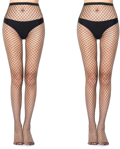 AHLPO Netzstrumpfhose Schwarz, 2 Paar Fishnet Stockings Strümpfe, Mode Reizvolle Netzstrümpfe Elastisch Hohe Taille Fischernetz Strumpfhosen für Damen Alltagskleidung und Halloween Cosplay