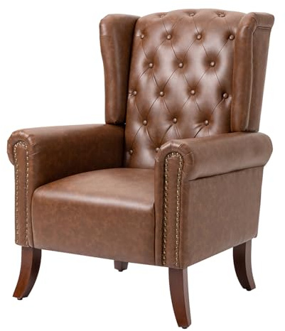 LOVSPATIO Faux Leather Accent Chair, Mid-Century Armchair Upholstered Club Sofa Chair with Wooden Legs, High Back Living Room Chair for Bedroom, Office, Lounge (Brown)