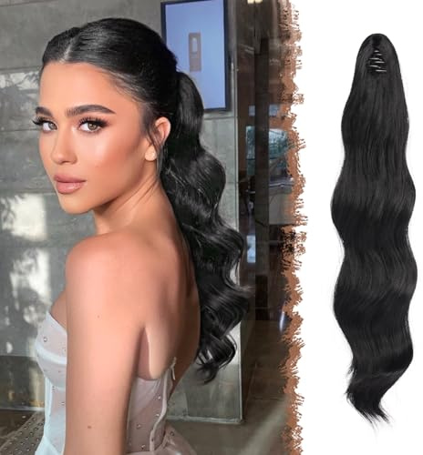 FESHFENPferdeschwanz Extensions Klammer, 50 cm Gewellt Hair Extensions für Frauen Damen Schwarz