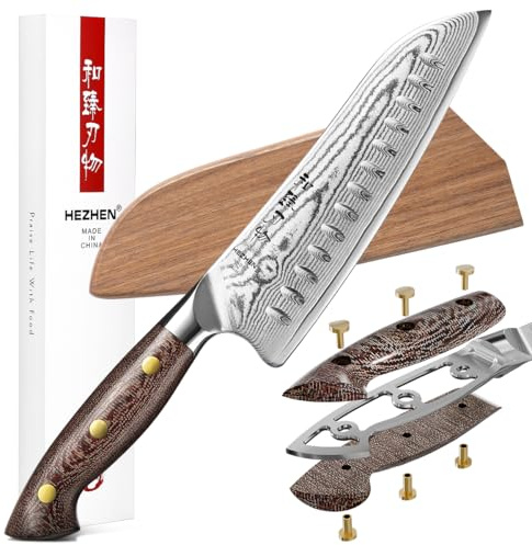 HEZHEN Santokumesser im Japanischen Stil，Echter Damaststahl Kochmesser mit Holzmesserscheide, Chinesisch VG10 Gyuto Messer, Full Tang Griff aus Micarta