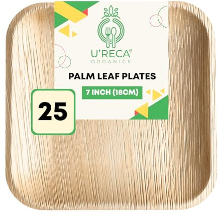 U'reca Organics Eco-Friendly Areca Palm Leaf Square Plates | 7 - Pack of 25 | Best for Side Dishes, Snacks & Cake Serving | Sustainable, Sturdy, Biodegradable