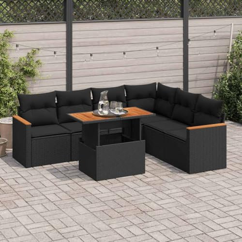 UJCHVHN Home Garden, 7-teiliges Gartensofa-Set mit Kissen, Polyrattan, Akazie, Schwarz