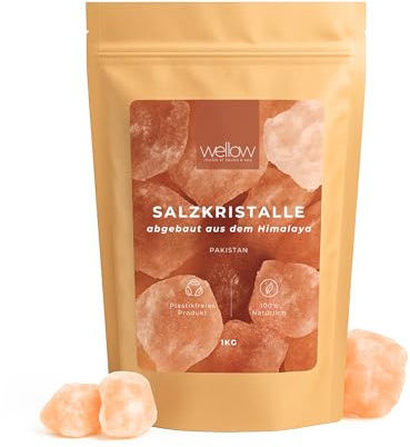 wellow® Himalaya Salzkristalle 1 kg – 2-5 cm Brocken Saunasalz für Aufguss & Solebad – naturbelassenes Ursalz aus Pakistan für Sauna, Wellness & Detox – auch für Salzlampe
