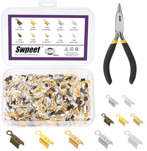 Swpeet 601Pcs 5 colores 1.2mm 2.5mm plegado cuadrado sobre extremos de cuerda Puntas de crimp de con pinzas de instalación Kit de variedad, tapas de cierre de cinta de cuero, conector de joyería