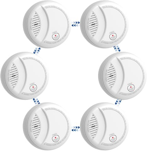 Hapippofa Interlinked Smoke Alarms for Home,10 Year Sensor Life Fire Alarms with Test/Silent Button, Replaceable 9V Battery Powered Smoke Detector,Conforms to EN 14604 Standard,6 PCS