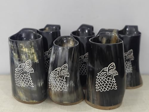 Viking Drinking Horn Mugs, Natural Handcrafted Wolf Design, Start House Set of 6 Beer Wine Mead Tankards, GOT Collection 750ml