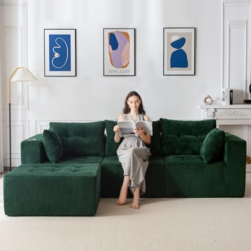 MAXYOYO Hörnsoffa med kopphållare | Benlös soffa, minnesskum djupt säte, jumbo manchester modulär sektion, konvertibel för 3/4-sits, ingen montering krävs