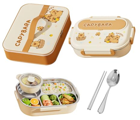 Lonchera Para Niños, Recipiente Para Aperitivos Infantil Con Compartimentos De Panda Y Capibara Caja De Aperitivos De Acero Inoxidable Contenedores De Alimentos Fiambreras Campus Para Parque Colegio