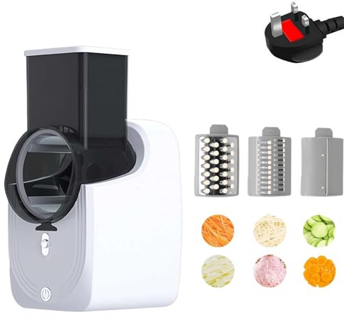 Electric Cheese Grater Salad Shooter,3-in-1 Electric Slicer with 3 Different Shapes of Blades for Home Kitchen,One-Touch Control 50W Salad Machine for Cheeses, Fruits, Vegetables (White UK)