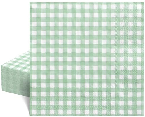 40 Pcs Sage Green Gingham Napkins 6.5 Inch Plaid Napkin 2 ply Green and White Paper Napkins Party Napkin for Wedding, Baby Shower, Picnic, Birthday