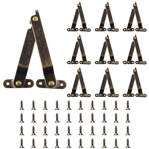 JDCMEI 10 Pièces Pliant Support Charnière, Charnière de Support de Couvercles, Charnières de Soutien Antique avec Vis pour Boîtes en Bois, Armoires, Porte d'Armoire