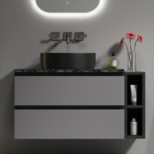 muenfly Waschbecken mit Unterschrank hängend 80cm, Waschtisch mit Aufsatzwaschbecken & Premium Marmor-Arbeitsplatte, Keramikbecken Schwarz, Schubladen, modern für Gäste WC & Badezimmer
