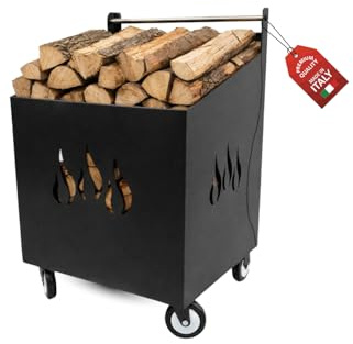 MOHOME Holzwagen für Innen und Außen mit drehbaren und festen Rädern aus schwarzem Stahl, hergestellt in Italien, Behälter 80 x 50 x 52 cm, Holz, ergonomischer Griff, Holzkorb, Kamin, bereits montiert