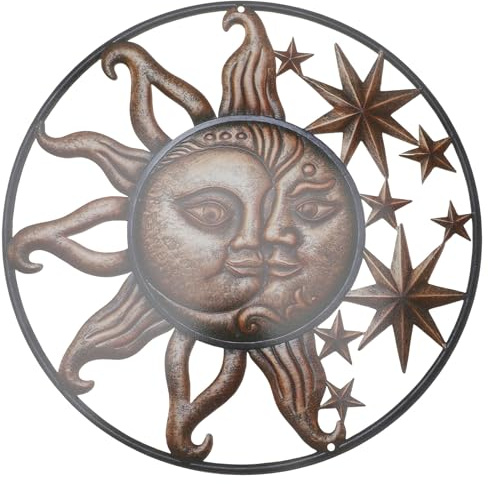 CORHAD Decorazione da Parete in Ferro Battuto Sole, Arte Murale Solare e Celeste in Metallo, Scultura Rotonda da Parete per Giardino e Interni, Ornamento Celestiale Vintage