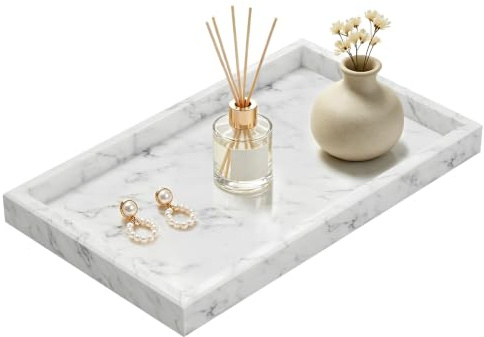 ENUMAIL Marble Trays with Anti Slip Foot Pads,30x20x3cm,Carrara White | Decorative Trays with Pure Patterns,Bathroom Organizer,Polishing Pallet for Perfume Display,Rectangular Plate for jewelry