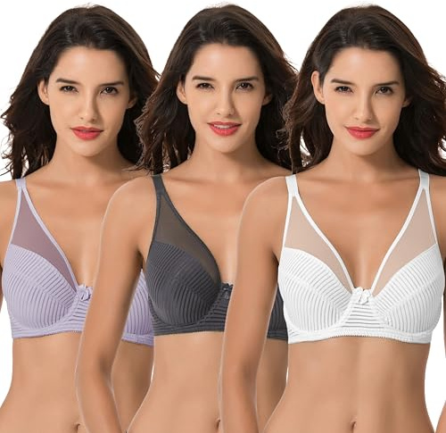 Curve Muse Reggiseno con Copertura Integrale con Ferretto Sfoderato per Taglie Forti da Donna-Confezione da 3-Lavanda,Grigio,Crema-4F