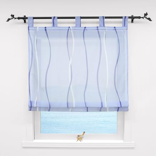 ESLIR Raffrollo mit Schlaufen Gardinen Küche Raffgardinen Modern Schlaufengardinen Vorhänge Transparent Voile Blau BxH 100x140cm 1 Stück
