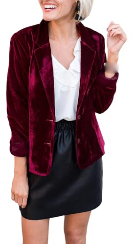 SEMATOMALA Women's Velvet 2 Button Blazer Casual Lapel Office Coat Slim Fit Work Jacket Vintage Business Suit(WR,XL) Wine Red