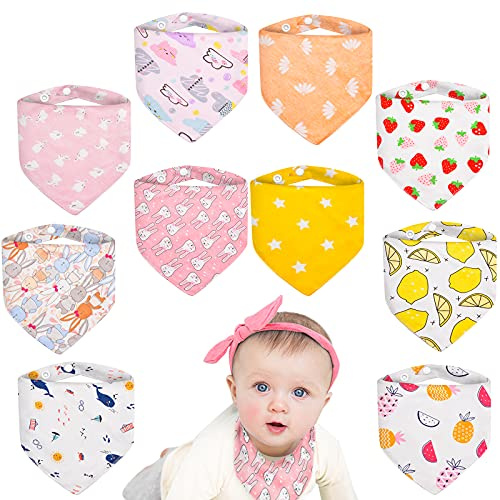 MOLENKY Baberos Bandanas para Bebé, 10 Unidades, 100% Algodón, Suave y Absorbente, Con 2 Botones Ajustables, para Niños y Niñas