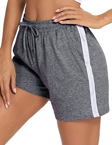 Litherday Shorts för kvinnor, sportshorts, korta byxor, ränder, joggingbyxor, sommar, träningsbyxor med fickor, elastisk linning och ventilerande shorts för fitness, löpning, gym, basket, A-mörkgrå,