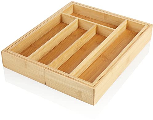 com-four® Besteckkasten aus Bambus - ausziehbarer Besteck-Einsatz für die Schublade - Aufbewahrungsbox (01 Stück - braun - ausziehbar)