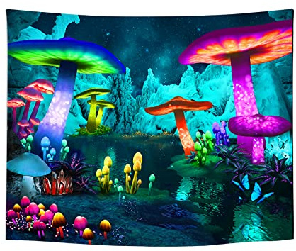 Roninkier Wandteppich Pilze Sternenhimmel Fluoreszenz-UV - Psychedelische Wald Wandbehang Boho Wanddekoration VerträUmt Tapestry Wall Hanging für Schlafzimmer Wohnzimmer,200x150cm