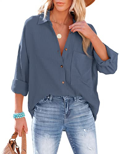 NONSAR Blusa de mujer informal, con cuello en V, 100 % algodón, corte holgado, color liso, gruesa, elegante, con bolsillo, gris oscuro, M