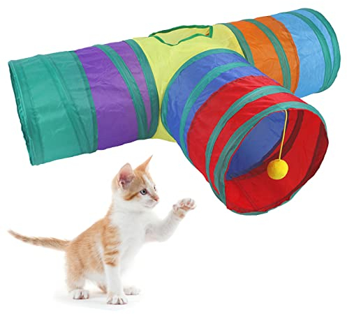 Faltbarer Katzentunnel, Kleines Tier Spieltunnel, Farbe Katzentunnel, mit Spaßball und 1 Guckloch, für Katzen, Hunde, Hamster, Kaninchen (3-Way)