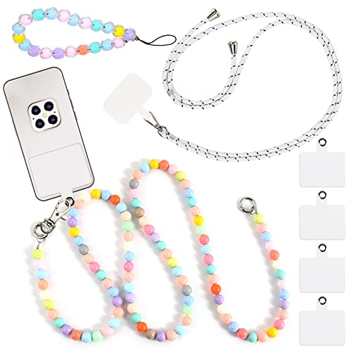 WanderGo Handy-Kette Perlen, Universal Handy-Kette Lanyard, Kette, Halskette zum Aufhängen mit weißen Einsätzen, bunte Perlen Handy-Anhänger Halsband Kompatibel mit den meisten Smartphones