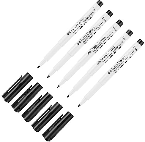 Faber-Castell 205060 – textilmarkör, 1 mm rund spets, tvättbar upp till 95 °C, tvättmärkpenna svart, 5 stycken