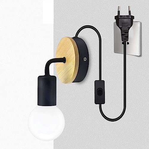 Chao Zan Applique Vintage in Legno E27 Industriale Retrò Lampada da Parete Metallo Lampada a Muro Con spina e interruttore, lunghezza cavo 180 cm (Senza Lampadine) (Nero)