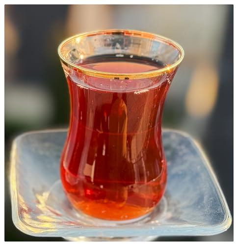 Topkapi - Set da tè turco da 12 pezzi, per 6 persone, 6 bicchieri da tè e 6 sottobicchieri, bicchiere da tè con bordo dorato, incluso sottopentola rettangolare