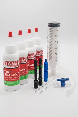 Generisch Kit di conversione per cerchi Tubeless Ready, 4 X 60 ml Stans NoTubes Latte sigillante, siringa riempitiva, valvole | 27,5 e 29