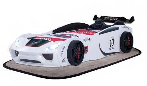 Coemo Vento Sport Autobett im Rennwagen-Design mit Lattenrost, Weiß | Perfekt für kleine Rennfahrer, LxBxH 260 x 109 x 60 cm, Kinderbett mit Lattenrost, Hingucker im Kinderzimmer, auto-bett