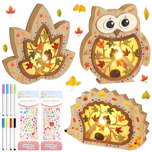 Lets Joy 3PCS LED-Stimmungsleuchten Herbst, Herbst Deko leuchten aus Holz, Igel Eule Eichhörnchen Herbst Dekoration LED, Herbst Lichterkette Tischdeko mit Aquarellstift Aufkleber Zubehör