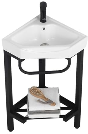 Standwaschbecken Eck-Badezimmer-Waschtisch mit Edelstahl-Aufbewahrungsständer, dreieckigem Keramik-Waschtisch, Konsolenwaschbecken, freistehendem Waschbecken mit Wasserhahn, Abfluss und Spiegel Standw