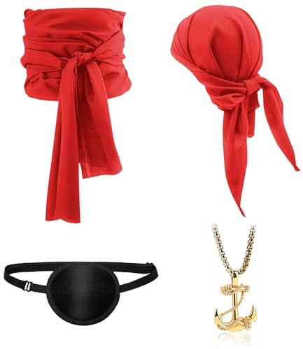 NebulaGlam Piraten Accessoires Set, Piraten Stirnband Taillengürtel mit Augenklappe Halskette, Piratenkapitän Mittelalterliche Große Schärpe für Karneval Halloween Frauen Männer (Rot)