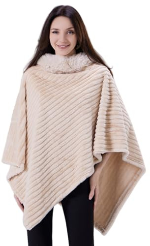 Miaikvs Poncho Cape Tricoté De Femme Pull-Over avec Col en Fourrure Poncho Wrap Châle(Beige)