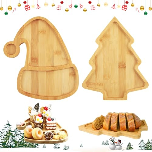 2 Stück Weihnachtstablett Bambus, SilverChry Bambusgeschirr, Essenstablett, Deko Tablett Bambus, Serviertablett Tablett, Serviertablett Bambus, Lebensmitteltabletts Flach, Kleines Tablett