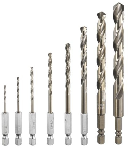 HARFINGTON M35 High Speed Steel Cobalt Twist Drill Bit Set 1.5/2/3/4/5/6/8/10mm with Quick Change 1/4 Hex Shank Jobber Drill Bit for Metal, Steel, Copper, Aluminum, Zinc Alloy