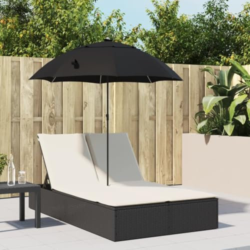 Gecheer Doppel-Sonnenliege Garten Sofa Lounge Liege Set Doppelliege Sonnenbett Doppelbett Gartenmöbel mit Kissen & Sonnenschirm Schwarz Poly Rattan