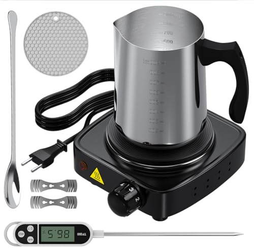 ZIONYA Kerzenherstellung Set – DIY Kerzen Set mit Heizplatte & Temperaturregelung, 900ml Edelstahl Gießtopf, Thermometer & Zubehör für Sojawachs, Anfänger & Profis ﻿