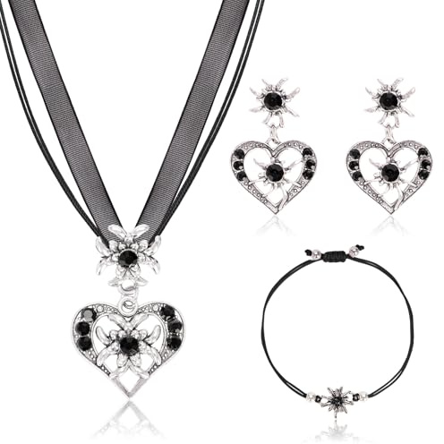 YYSWSAKY 4 Stück Trachtenschmuck Damen Set, Trachtenschmuck Set, Bayerisch Dirndlschmuck Trachtenkette Schmuck, Herzkette und Ohrringe, Edelweiß Armband, Oktoberfest Trachtenschmuck (black)