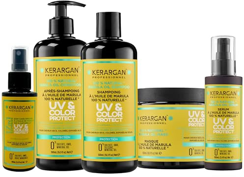Kerargan - Soin Complet Protection UV à l’Huile de Marula pour Cheveux Secs et Colorés - Shampoing, Après-Shampoing, Masque, Sérum et 17en1 - Sans Sulfate, OGM, Huile Minérale - 3x500ml + 2x100ml