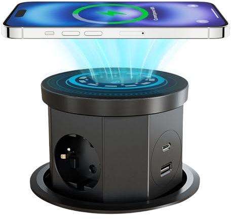 Presa Girevole Estensibile, Multipresa a Scomparsa, Presa a Scomparsa Ciabatta Multipresa da Scrivania 4 Prese con caricabatterie wireless da 15 W,Presa di corrente automatica a scomparsa