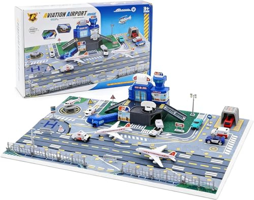 Airplane Car Toy Set for Toddler Airport Playmat with Helicopter, Truck, Plane, Sign, Fire Truck Parking Lot Toy Set with Traffic Sign, Road Accessory Transport Airplane Scene Play Mat for 3 4 5 6