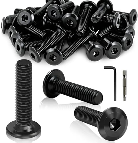 40 Stück M6 x 25 mm Innensechskant Flachkopfschrauben Schwarz | Kohlenstahl A2 V2A Vollgewinde, mit Inbusschlüssel & Schraubendreher Bit für Möbel, Parkstühle, Elektrogeräte&Motorradzubehör